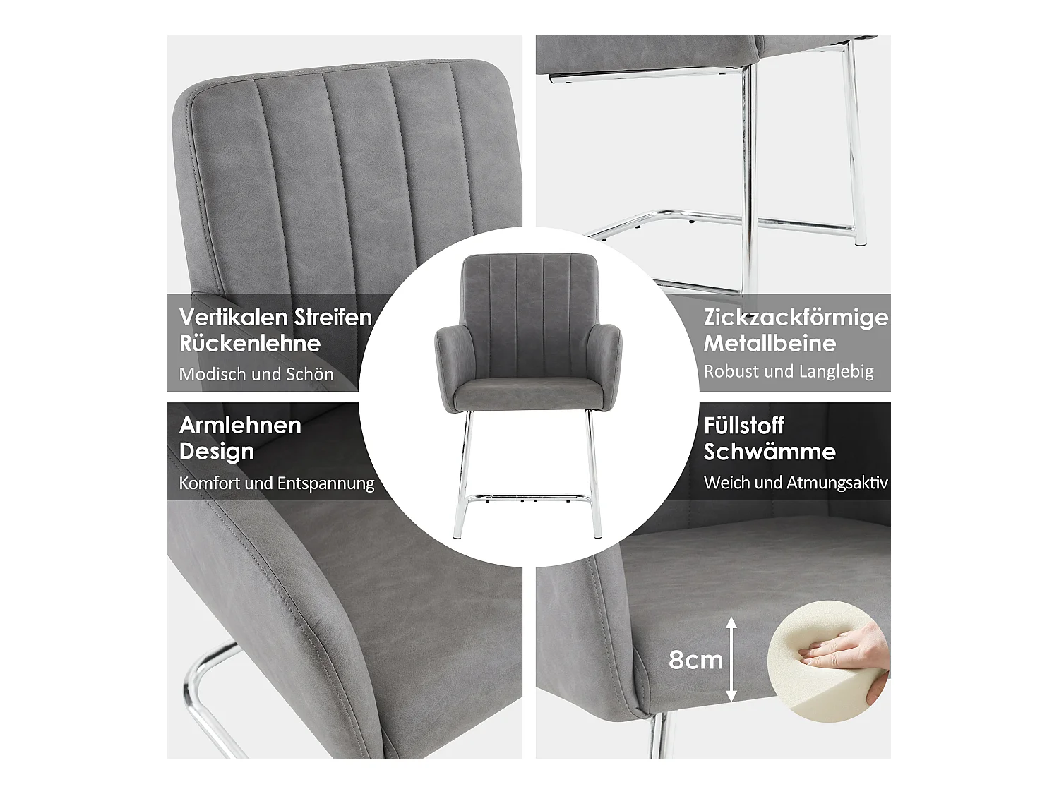 Lot de 2 chaises - 86 x 50 x 46 cm - fauteuil rembourré avec pieds en métal - pour chambre et bureau - cuir similaire -gris