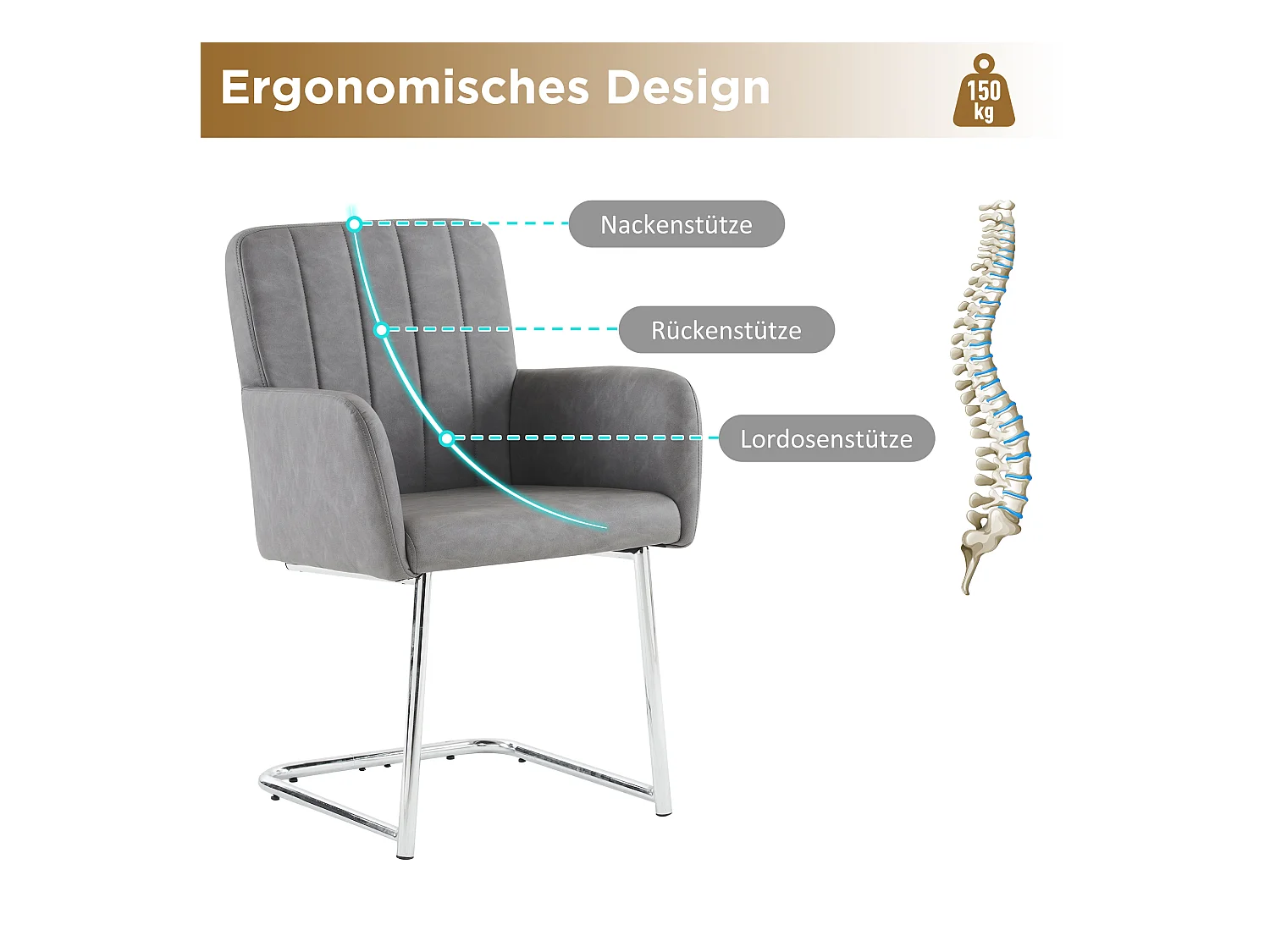 Lot de 2 chaises - 86 x 50 x 46 cm - fauteuil rembourré avec pieds en métal - pour chambre et bureau - cuir similaire -gris