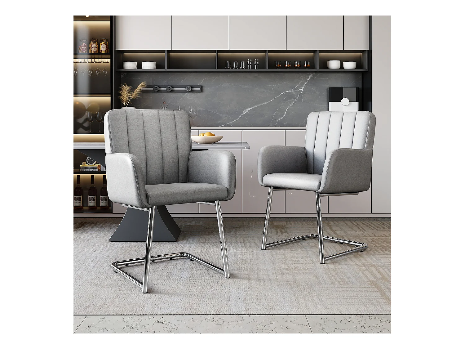 Lot de 2 chaises - 86 x 50 x 46 cm - fauteuil rembourré avec pieds en métal - pour chambre et bureau - cuir similaire -gris