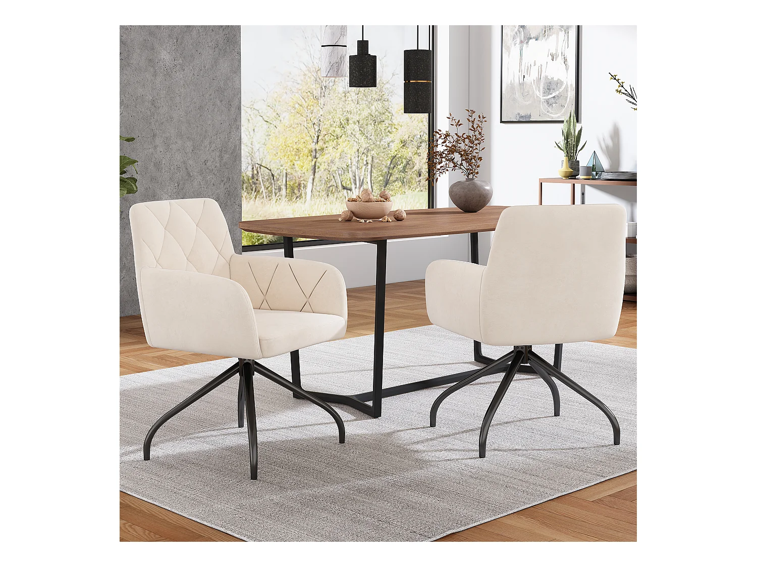 Lot de 2 chaises en velours salle à manger pivotantes à 360° - 85 x 60 x 46 cm - fauteuil rembourré - 4 pieds en métal - blanc