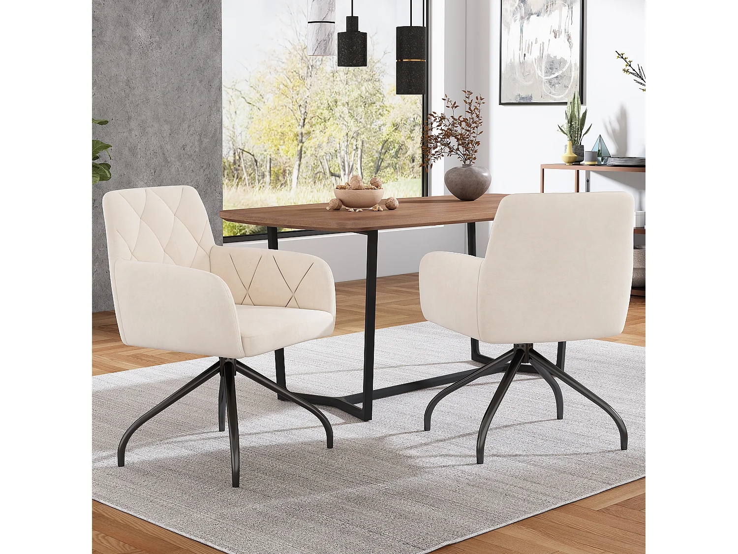 Lot de 2 chaises en velours salle à manger pivotantes à 360° - 85 x 60 x 46 cm - fauteuil rembourré - 4 pieds en métal - blanc