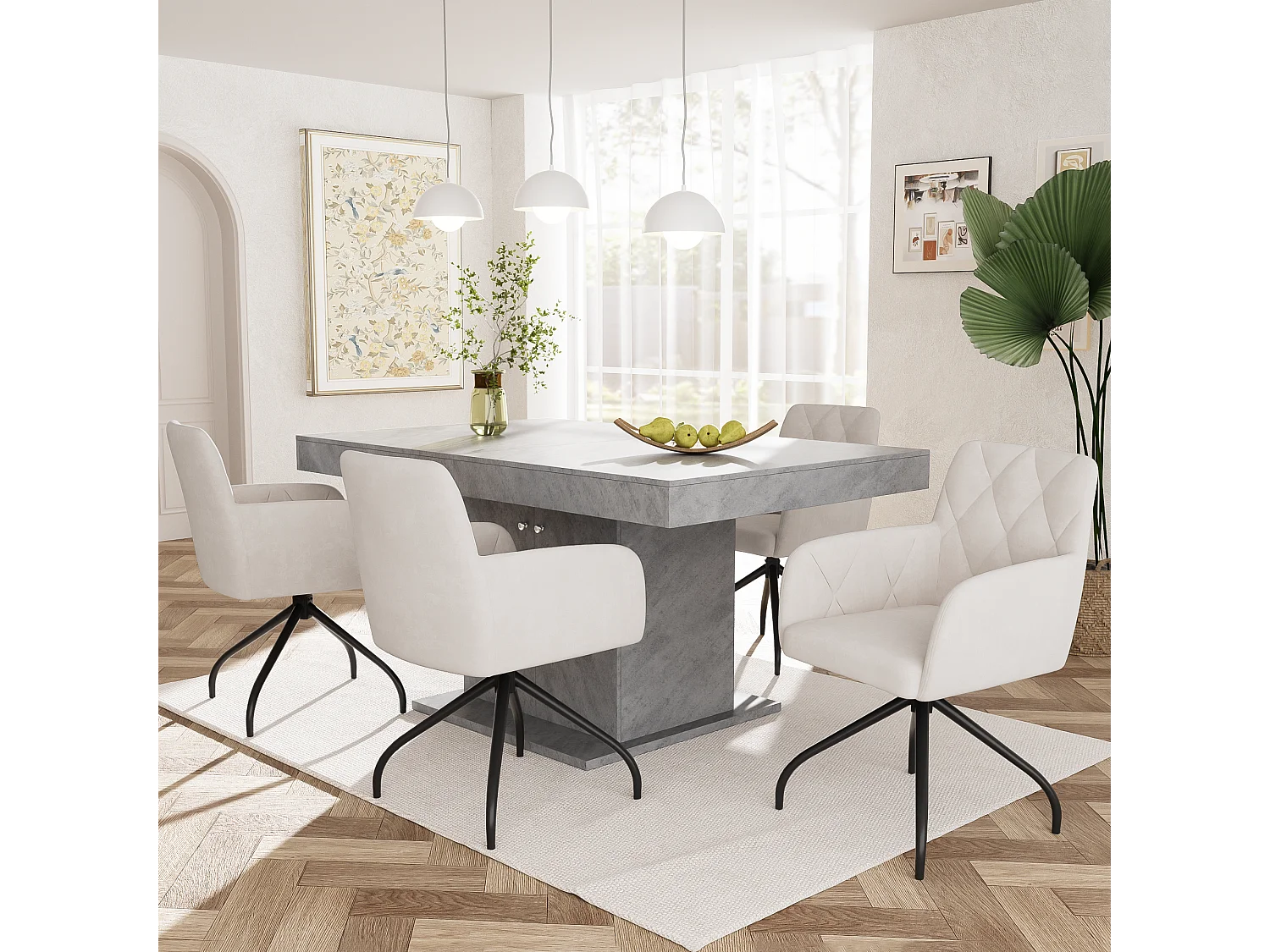 2er Set Esszimmerstühle aus Samt mit 360° Drehfunktion - 85 x 60 x 46 cm - Polstersessel - 4 Metallbeine - Weiß