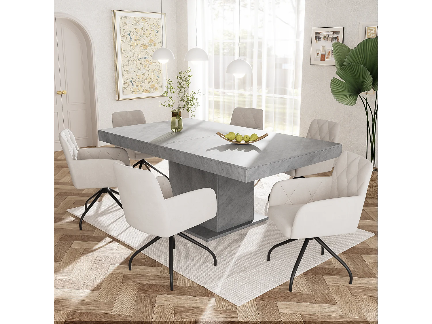 2er Set Esszimmerstühle aus Samt mit 360° Drehfunktion - 85 x 60 x 46 cm - Polstersessel - 4 Metallbeine - Weiß