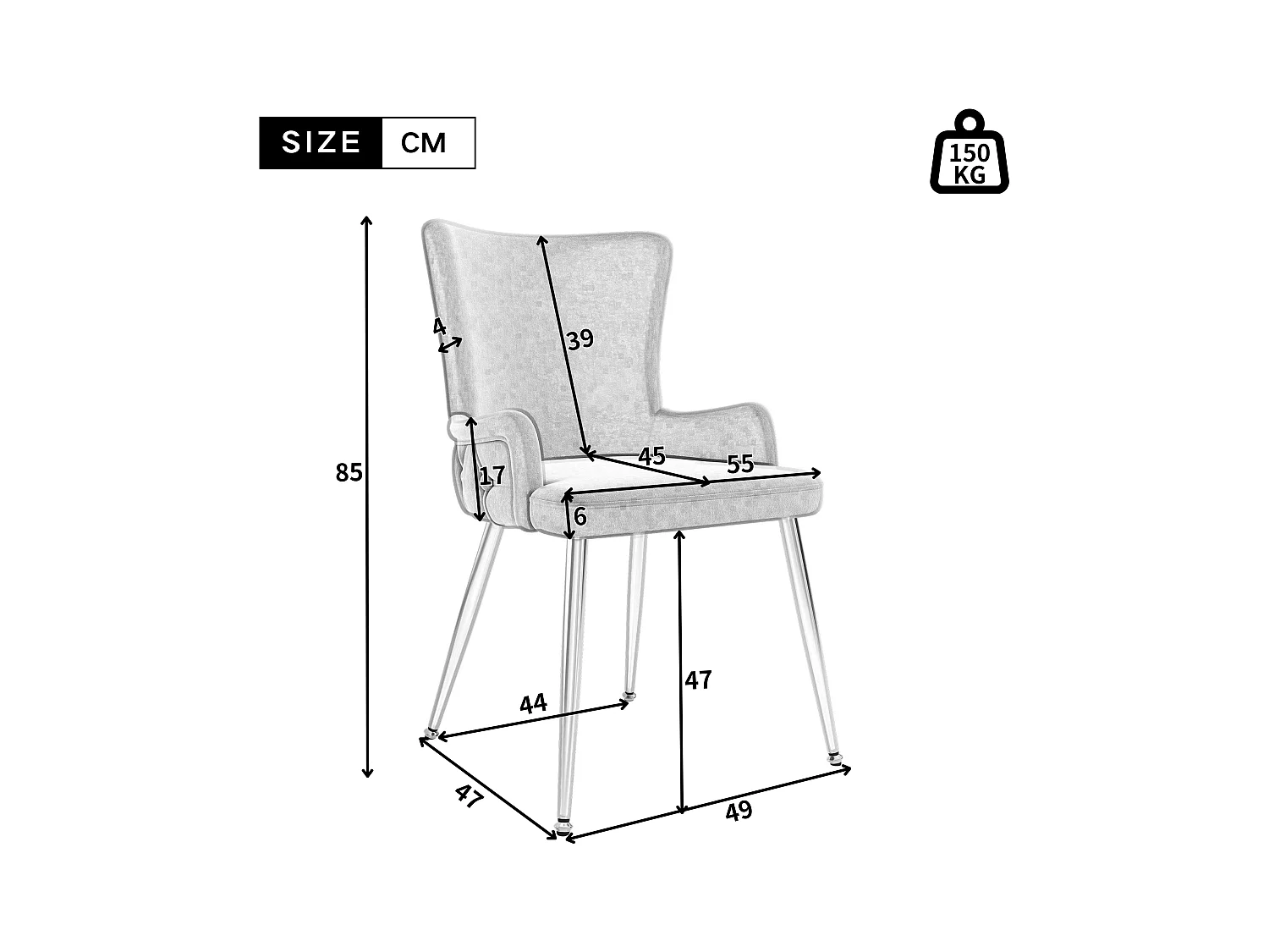 Set van 4 luxe fluwelen stoelen - 85 x 47 x 49 cm - met vier zilveren metalen poten - grijs