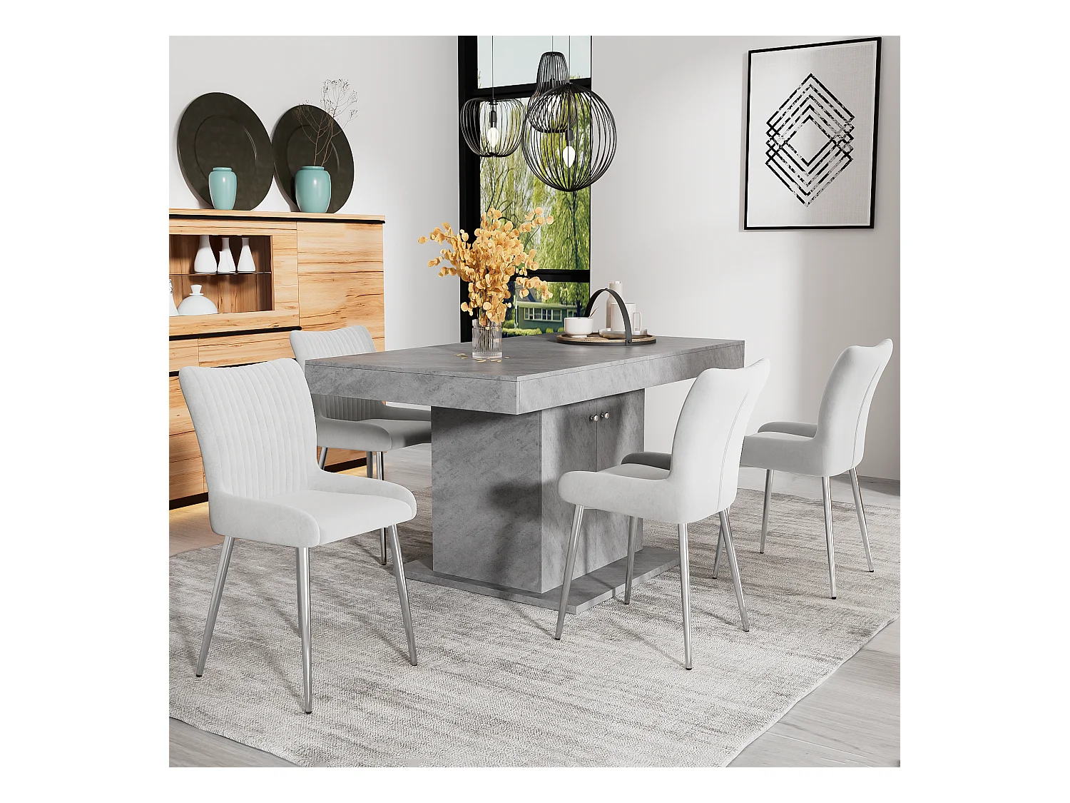Lot de 4 chaises velours - 85 x 58 x 47 cm - chaise salon de luxe - quatre pieds en métal argenté - gris
