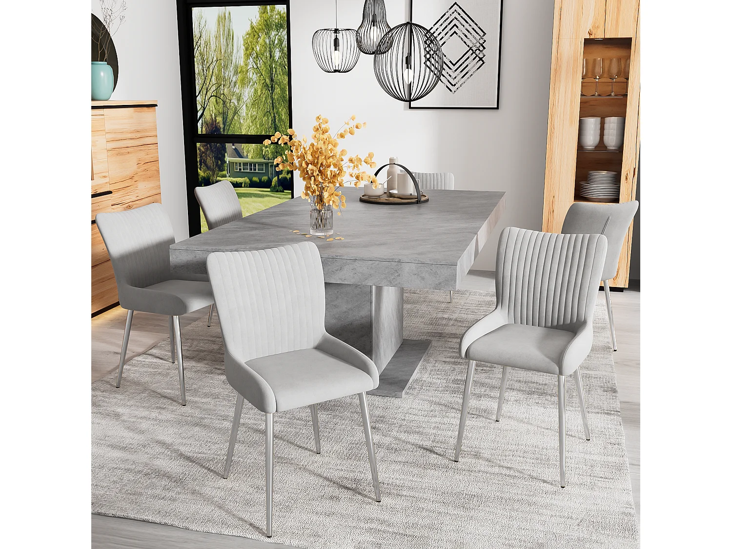 Lot de 4 chaises velours - 85 x 58 x 47 cm - chaise salon de luxe - quatre pieds en métal argenté - gris