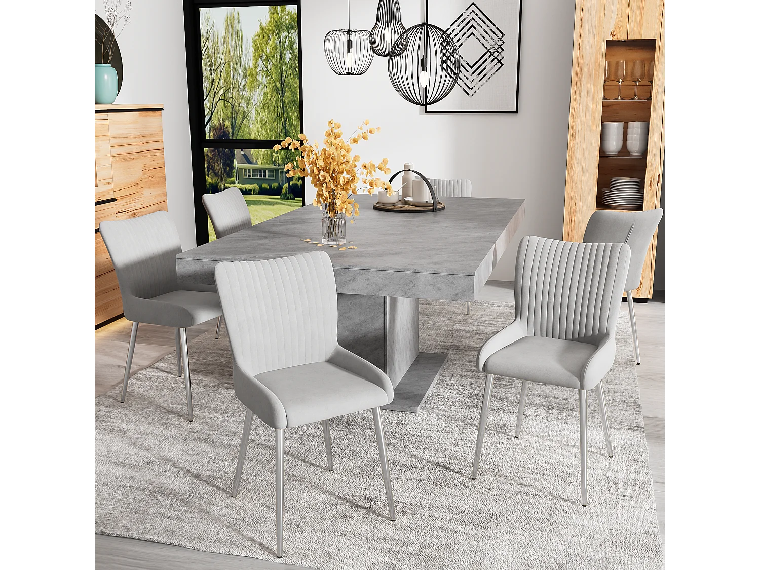 4er Set Samtstühle - 85 x 58 x 47 cm - Luxus Loungesessel - vier silberne Metallbeine - Grau