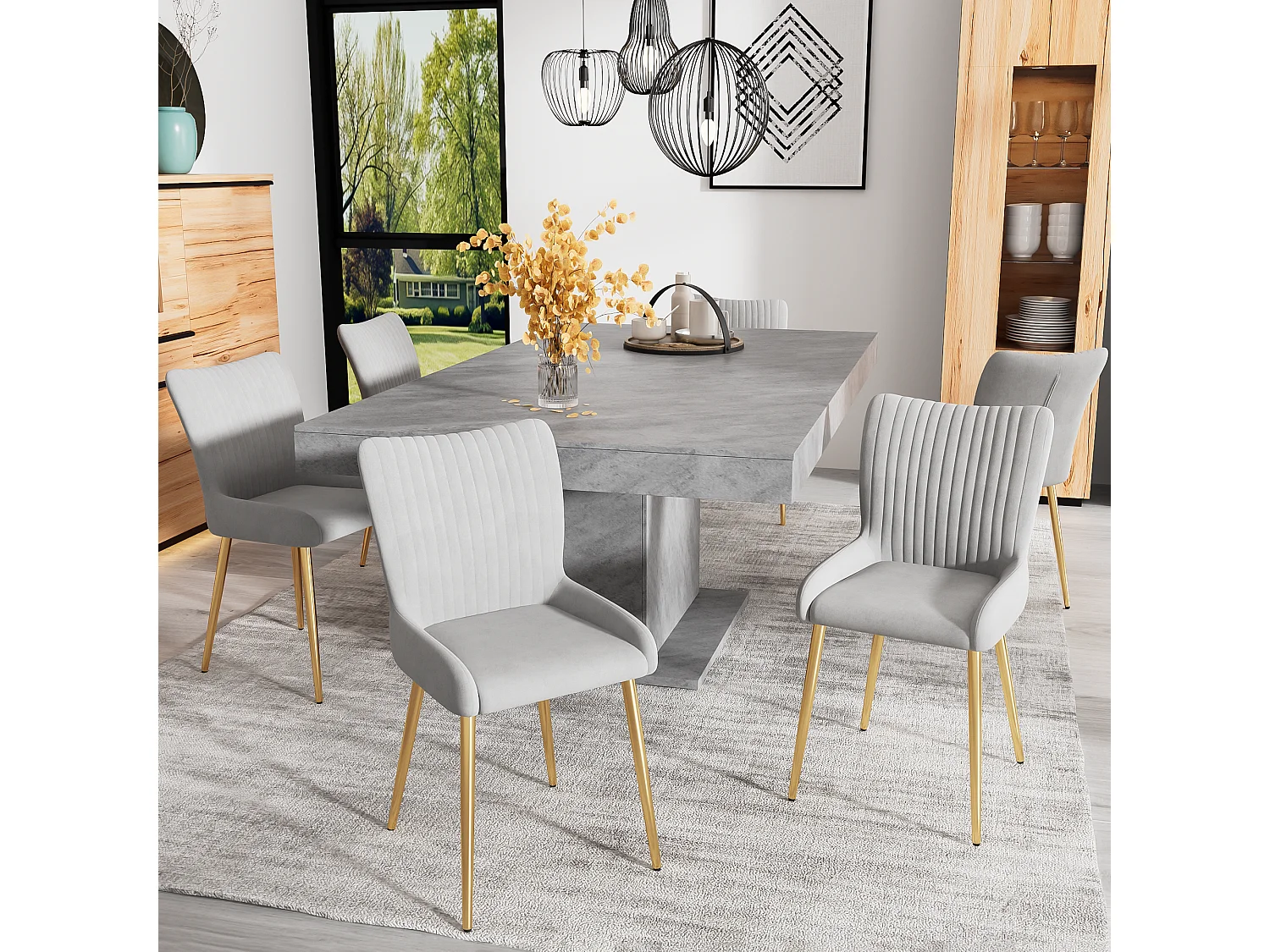 Lot de 6 chaises velours - 85 x 58 x 47 cm - chaise salon de luxe - quatre pieds en métal doré - gris