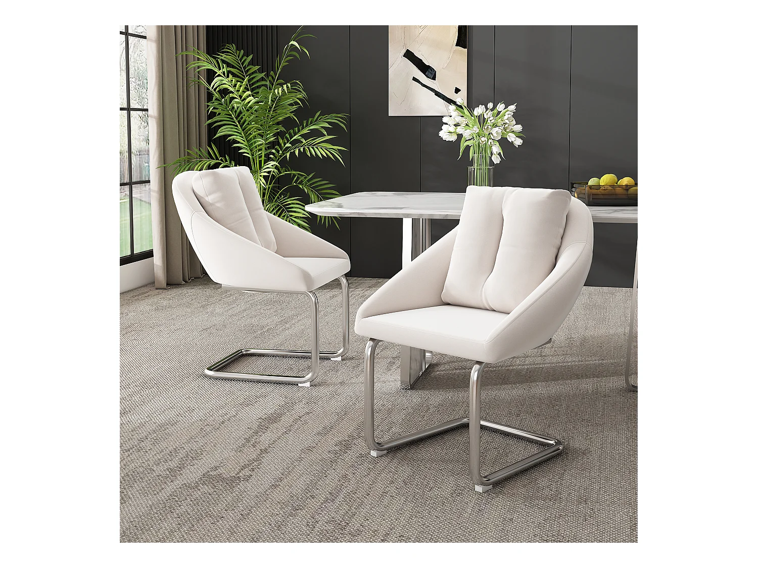 Set van 4 fluwelen stoelen - 82 x 57 x 54 cm - met kussens - Luxe draaistoel voor woonkamer en slaapkamer - Gebogen poten - Beige