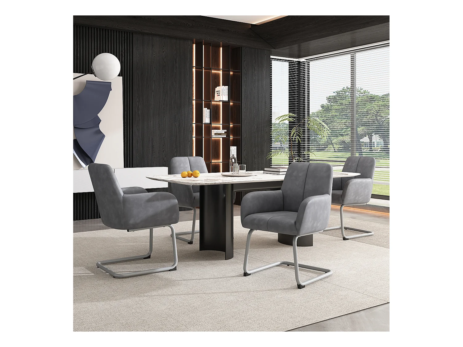 Set van 6 leren fauteuils - 86 x 51 x 45 cm - met gebogen stalen poten - grijs