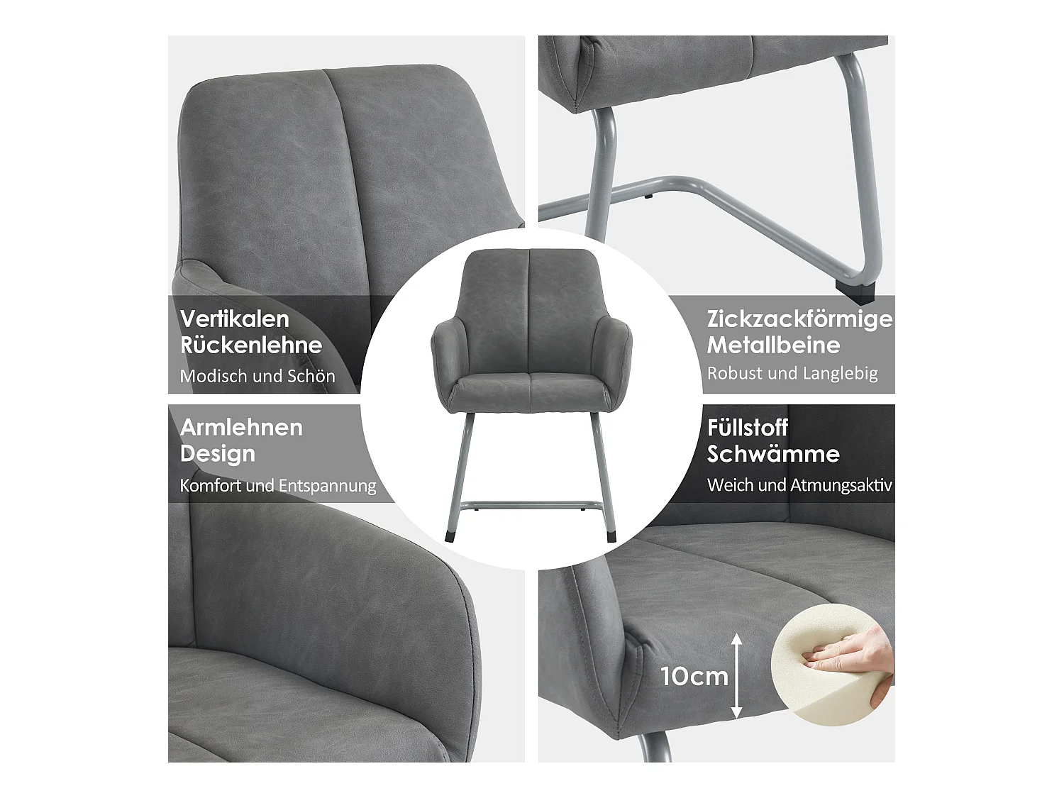 Set van 6 leren fauteuils - 86 x 51 x 45 cm - met gebogen stalen poten - grijs