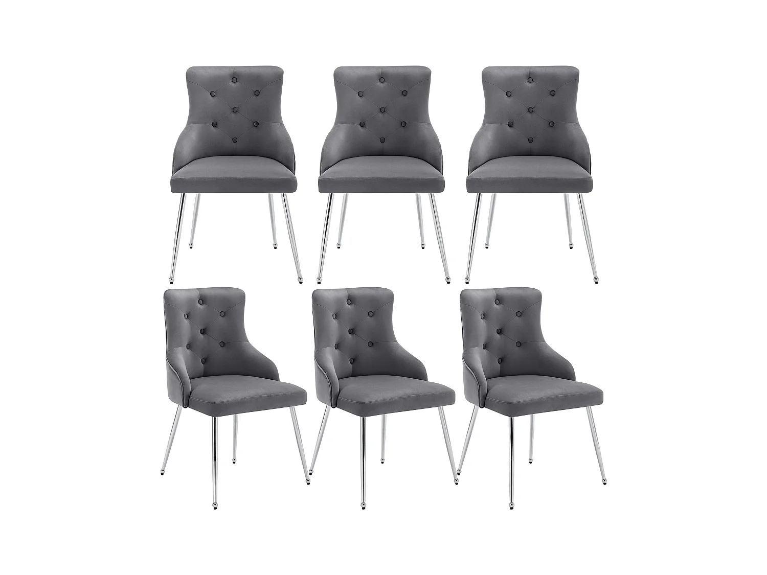 Conjunto de 6 sillas de terciopelo - 87,5 x 58,5 x 54,5 cm - sillón tapizado con cojín lumbar - con patas de metal - gris