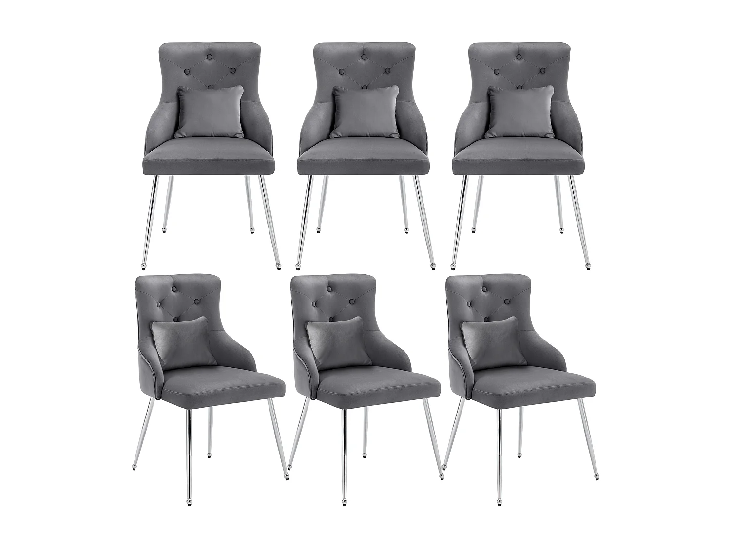 Set di 6 sedie in velluto - 87,5 x 58,5 x 54,5 cm - poltrona imbottita con cuscino lombare - con gambe in metallo - grigio