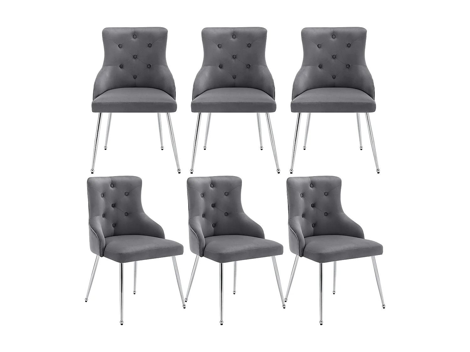 Set di 6 sedie in velluto - 87,5 x 58,5 x 54,5 cm - poltrona imbottita con cuscino lombare - con gambe in metallo - grigio