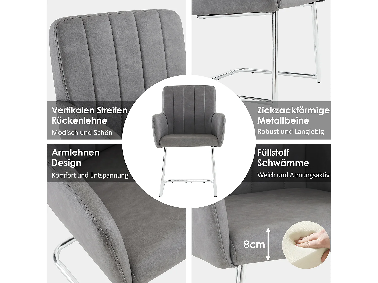 6er-Set Stühle - 86 x 50 x 46 cm - Polstersessel mit Metallbeinen - für Schlafzimmer und Büro - Kunstleder - Grau