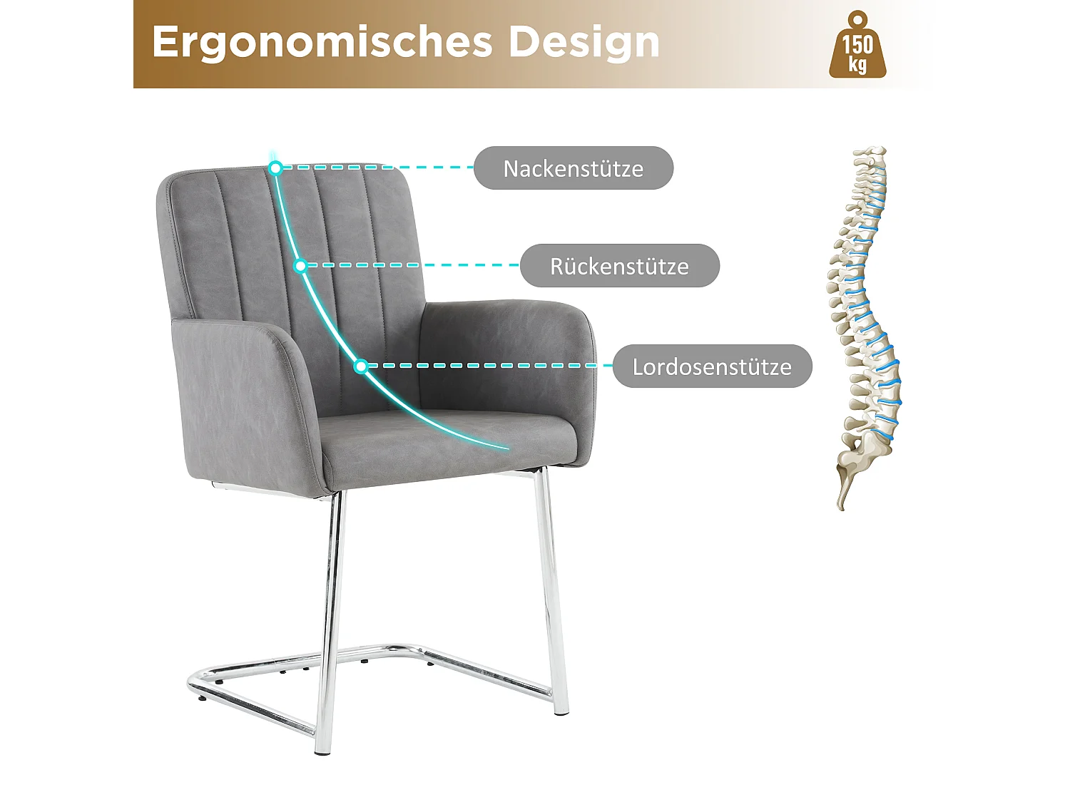 6er-Set Stühle - 86 x 50 x 46 cm - Polstersessel mit Metallbeinen - für Schlafzimmer und Büro - Kunstleder - Grau