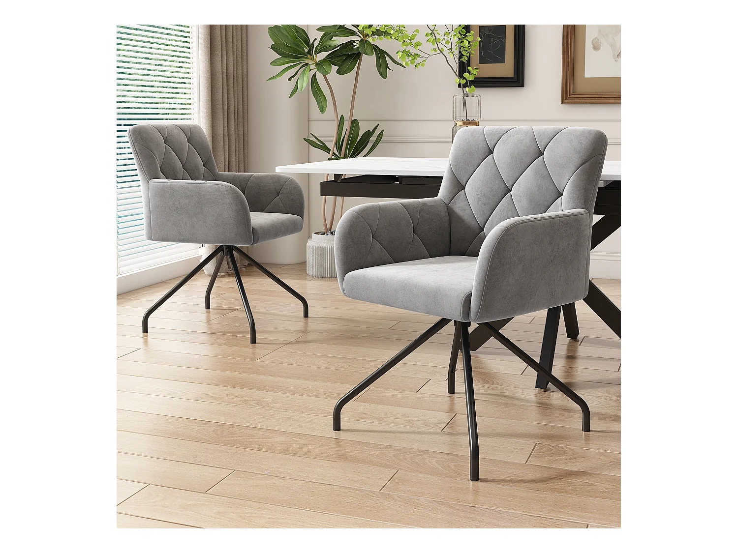 Set van 2 fluwelen eetkamerstoelen - 85 x 49 x 49 cm - gestoffeerde fauteuil met 4 metalen poten - met lendensteun - grijs