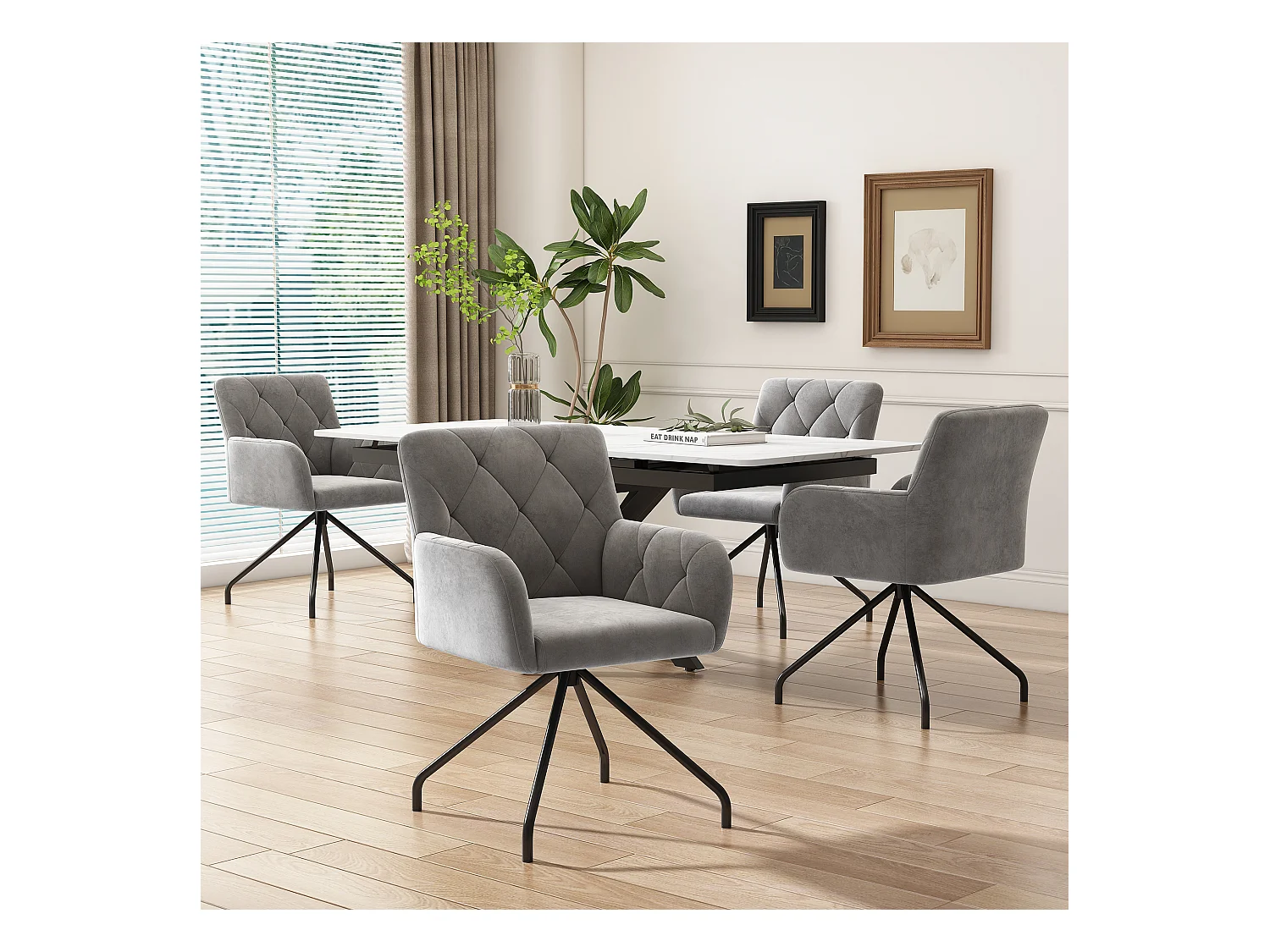 Set van 2 fluwelen eetkamerstoelen - 85 x 49 x 49 cm - gestoffeerde fauteuil met 4 metalen poten - met lendensteun - grijs