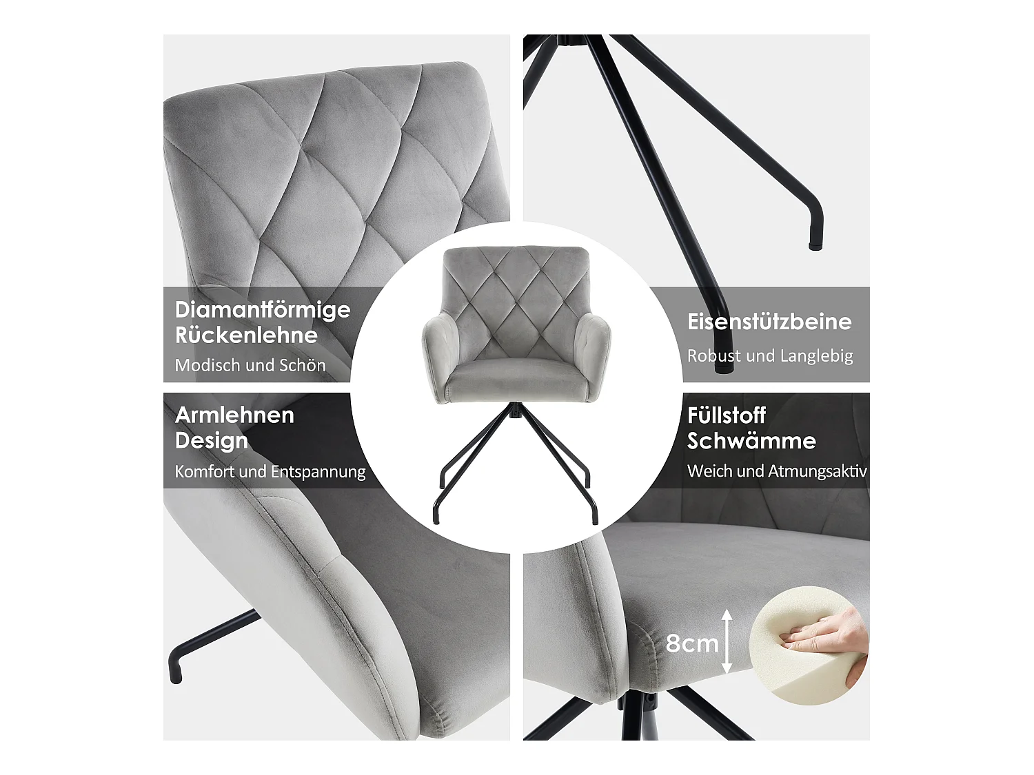 Set van 2 fluwelen eetkamerstoelen - 85 x 49 x 49 cm - gestoffeerde fauteuil met 4 metalen poten - met lendensteun - grijs