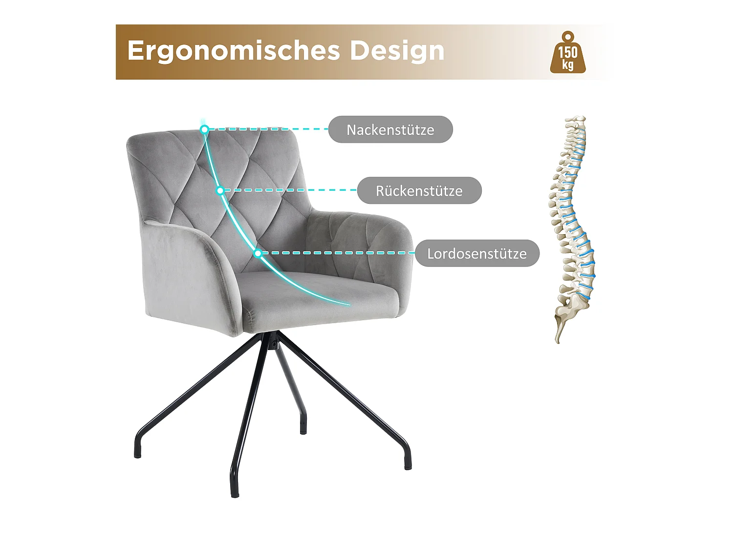 Set van 2 fluwelen eetkamerstoelen - 85 x 49 x 49 cm - gestoffeerde fauteuil met 4 metalen poten - met lendensteun - grijs