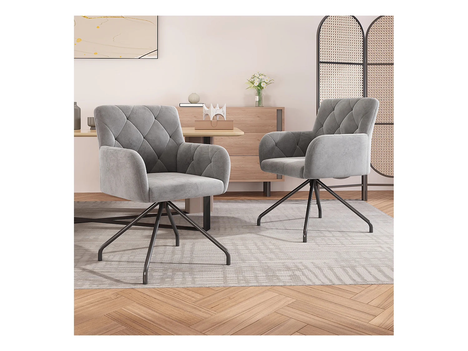 Set van 2 fluwelen eetkamerstoelen - 85 x 49 x 49 cm - gestoffeerde fauteuil met 4 metalen poten - met lendensteun - grijs