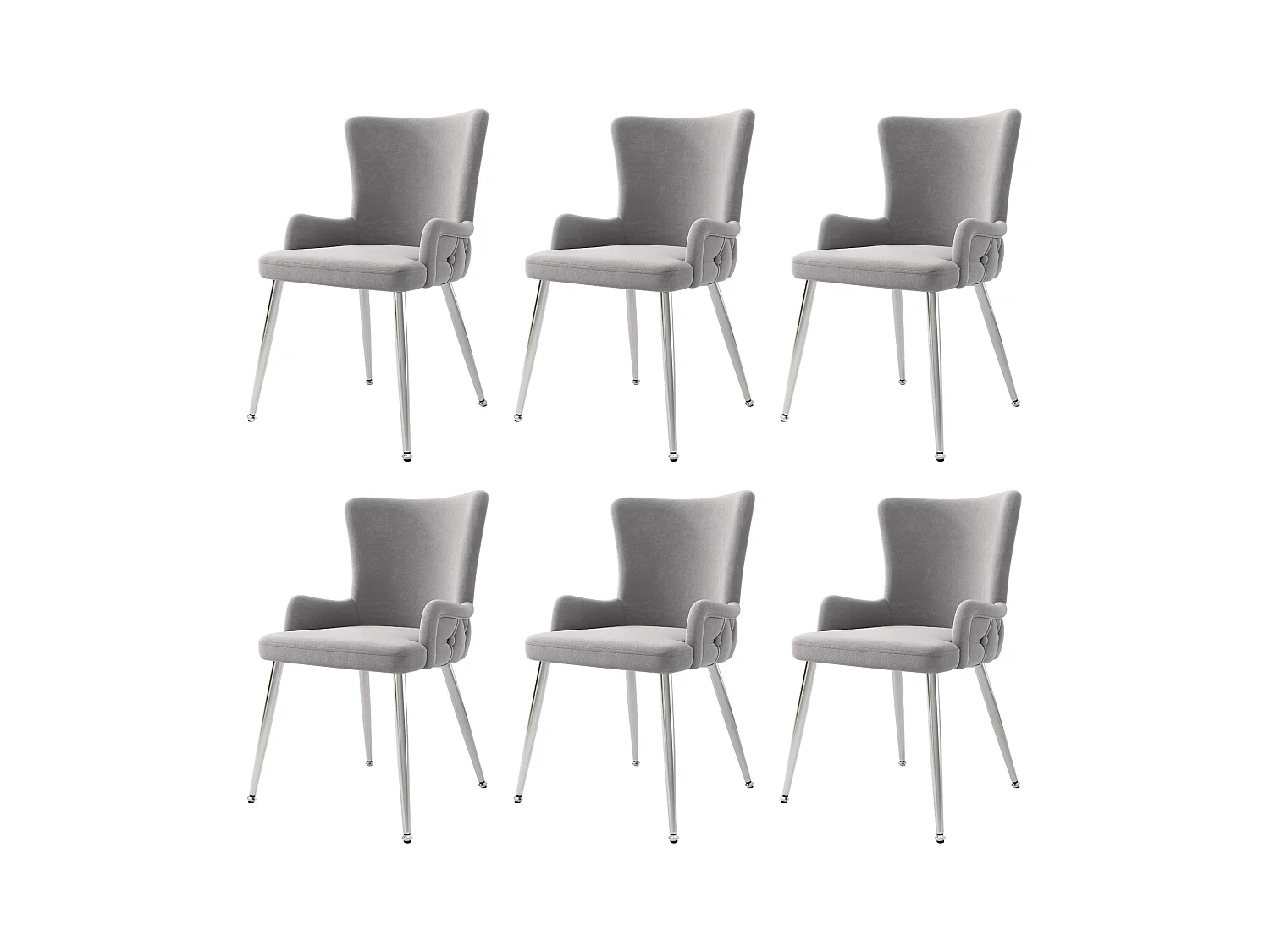 Set di 6 sedie di lusso in velluto - 85 x 47 x 49 cm - con quattro gambe in metallo argentato - grigio