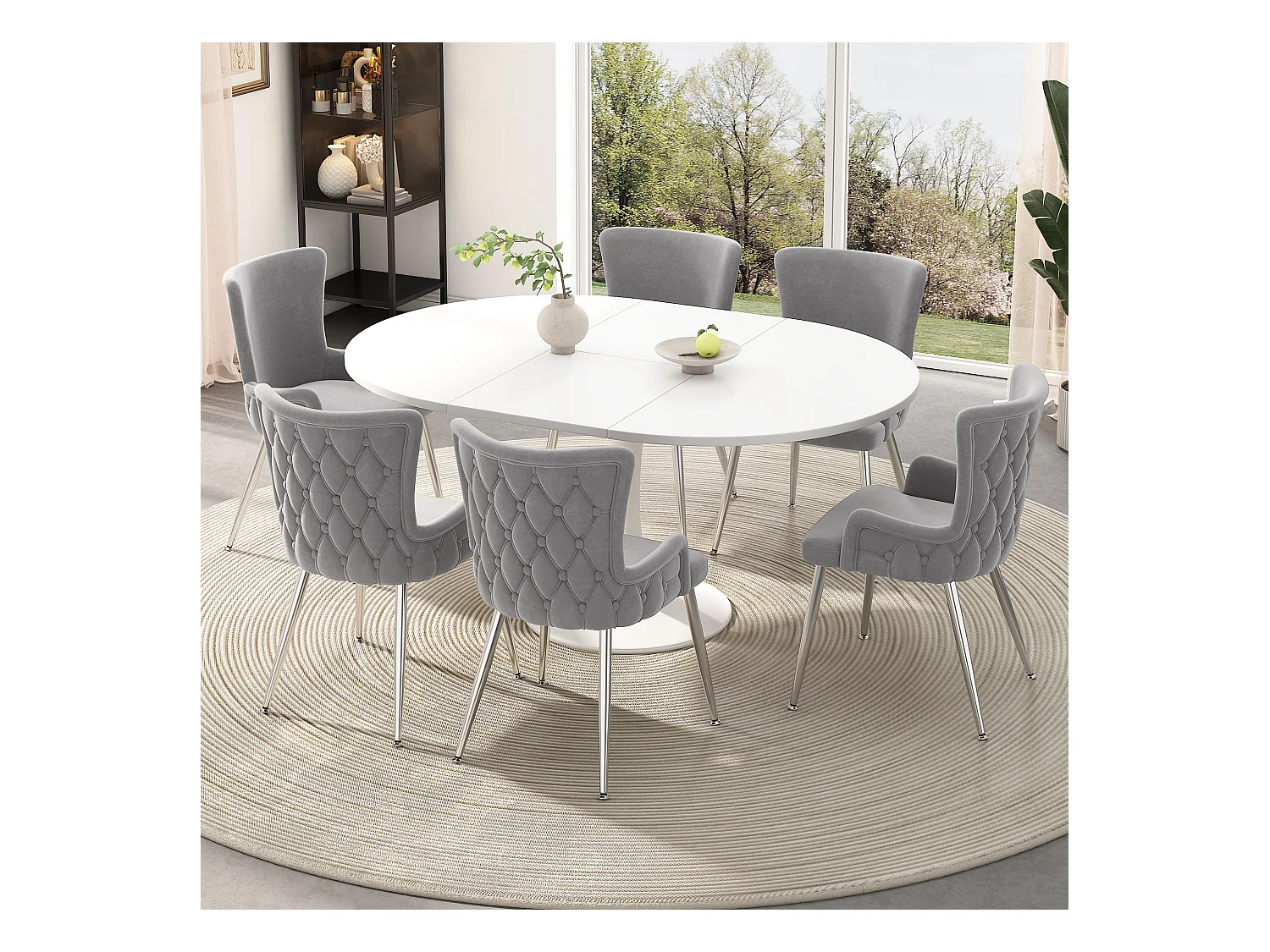 6er Set Luxus-Samtstühle - 85 x 47 x 49 cm - mit vier silbernen Metallbeinen - Grau