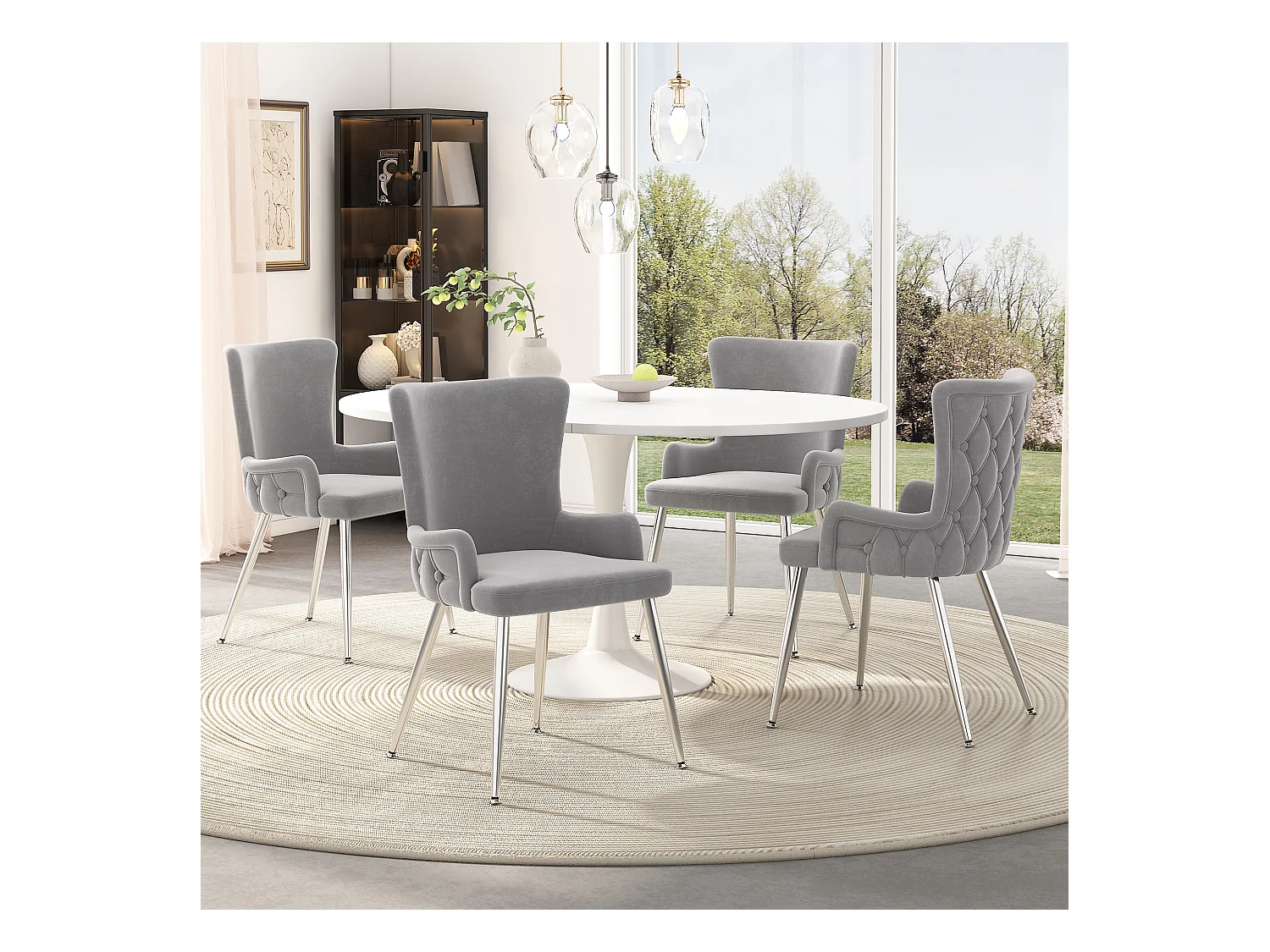 Set van 6 luxe fluwelen stoelen - 85 x 47 x 49 cm - met vier zilveren metalen poten - grijs