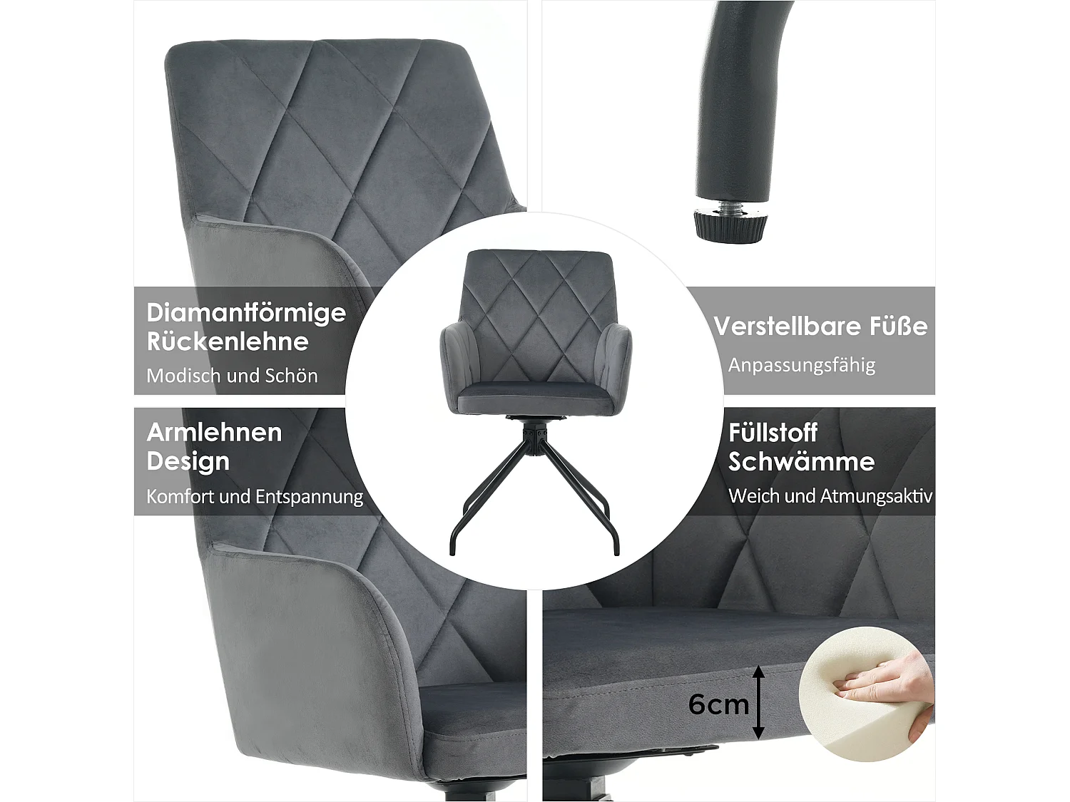 Set di 4 sedie girevoli in velluto a 360° - 85 x 60 x 46 cm - Poltrona imbottita con 4 gambe in metallo - Nero
