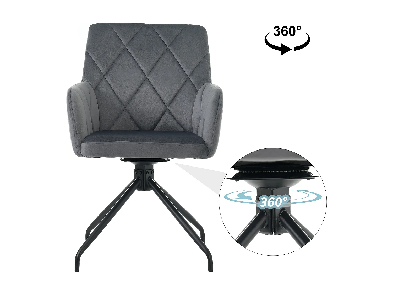 Set di 4 sedie girevoli in velluto a 360° - 85 x 60 x 46 cm - Poltrona imbottita con 4 gambe in metallo - Nero