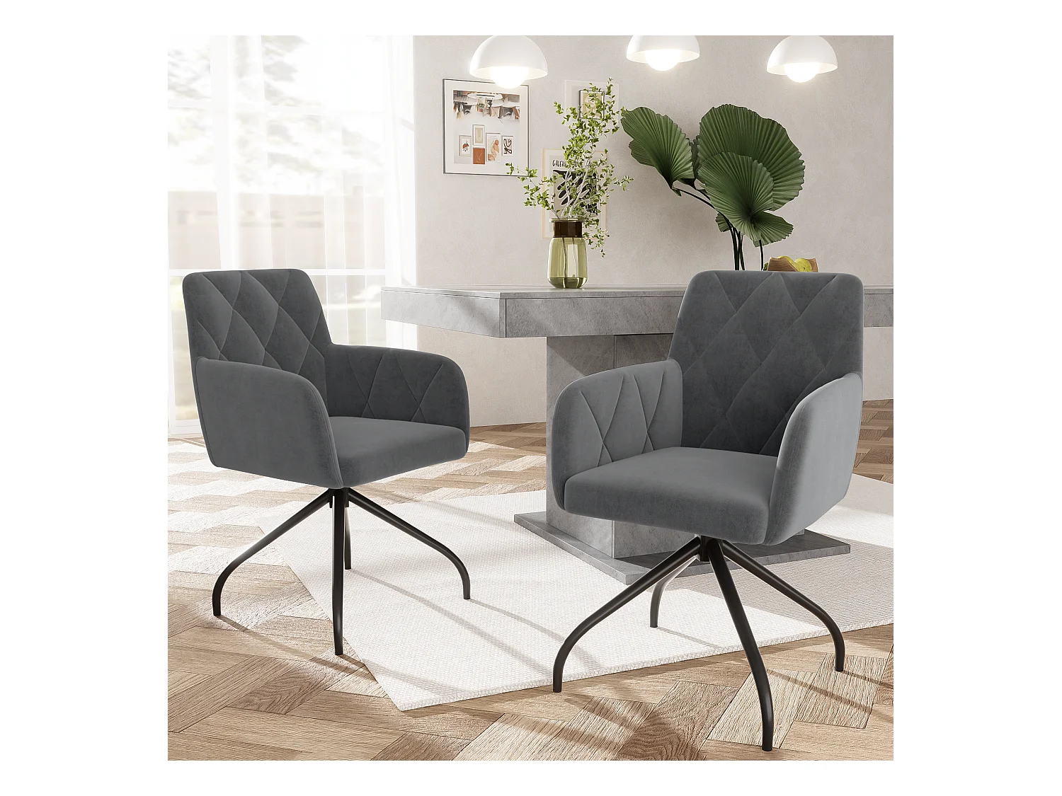 Set van 4 360° fluwelen draaistoelen - 85 x 60 x 46 cm - Gestoffeerde fauteuil met 4 metalen poten - Zwart