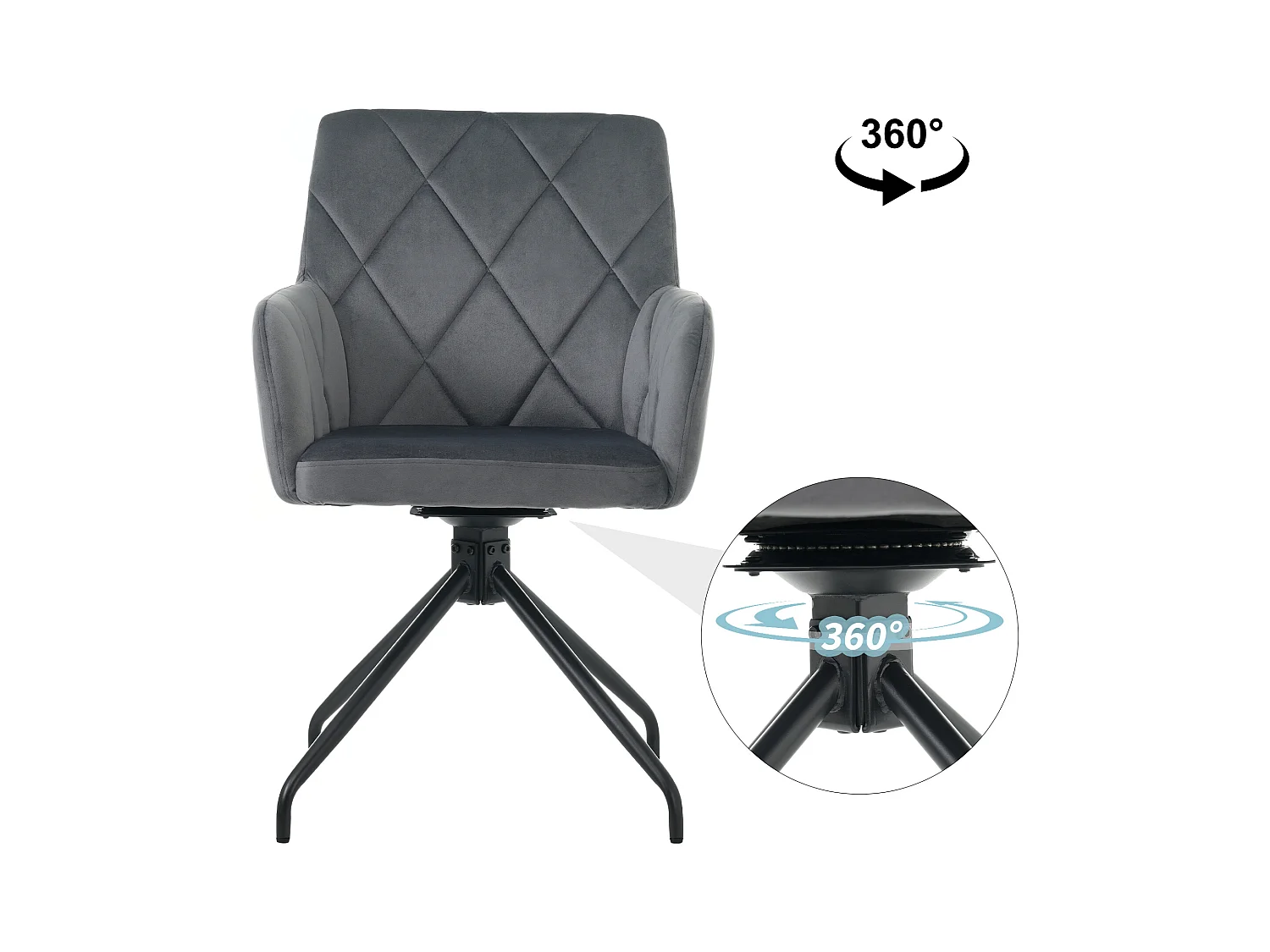 Set van 4 360° fluwelen draaistoelen - 85 x 60 x 46 cm - Gestoffeerde fauteuil met 4 metalen poten - Zwart
