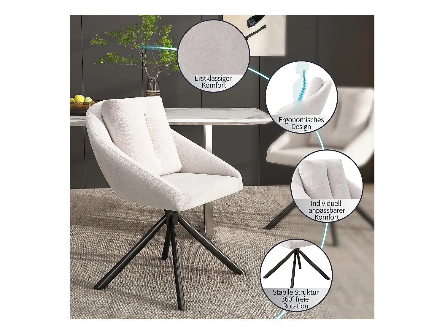 Set van 4 fluwelen eetkamerstoelen - 79 x 51,5 x 51,5 cm - Elegante en comfortabele draaistoel - met kussens - Beige