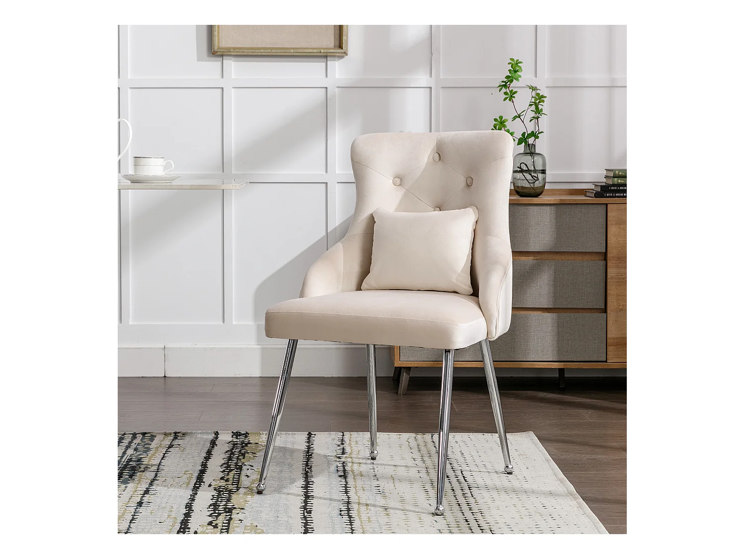 Chaise de salle à manger en velours - 87.5 x 58.5 x 54.5 cm - fauteuil rembourré avec coussin lombaire - avec pieds en métal - beige