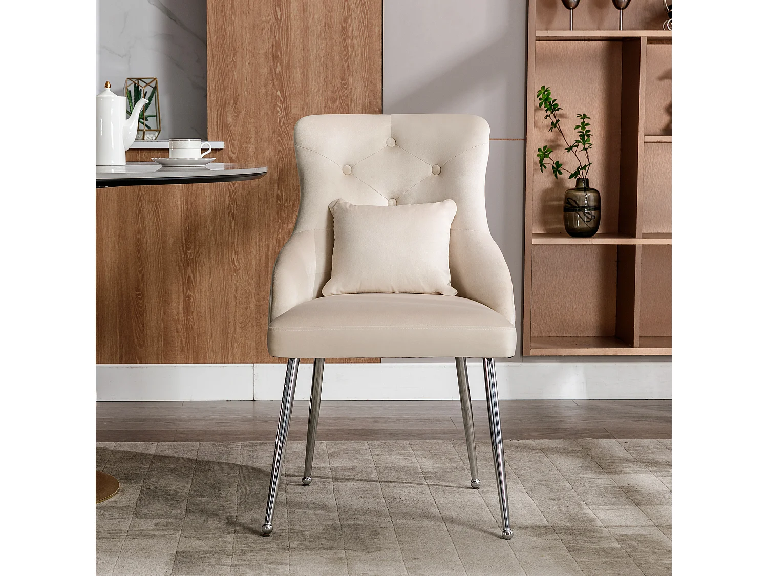 Krzesło do jadalni Velvet - 87,5 x 58,5 x 54,5 cm - tapicerowany fotel z poduszką lędźwiową - z metalowymi nogami - beżowy