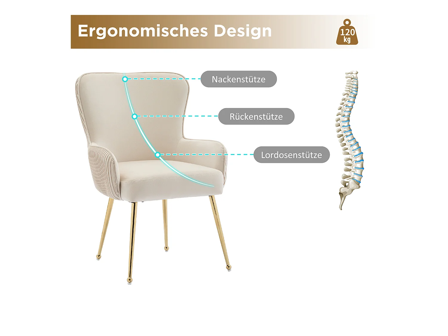 Lot de 6 Chaises en velours - 83 x 53 x 57 cm - quatre pieds en métal doré -avec accoudoirs et pieds réglables - beige