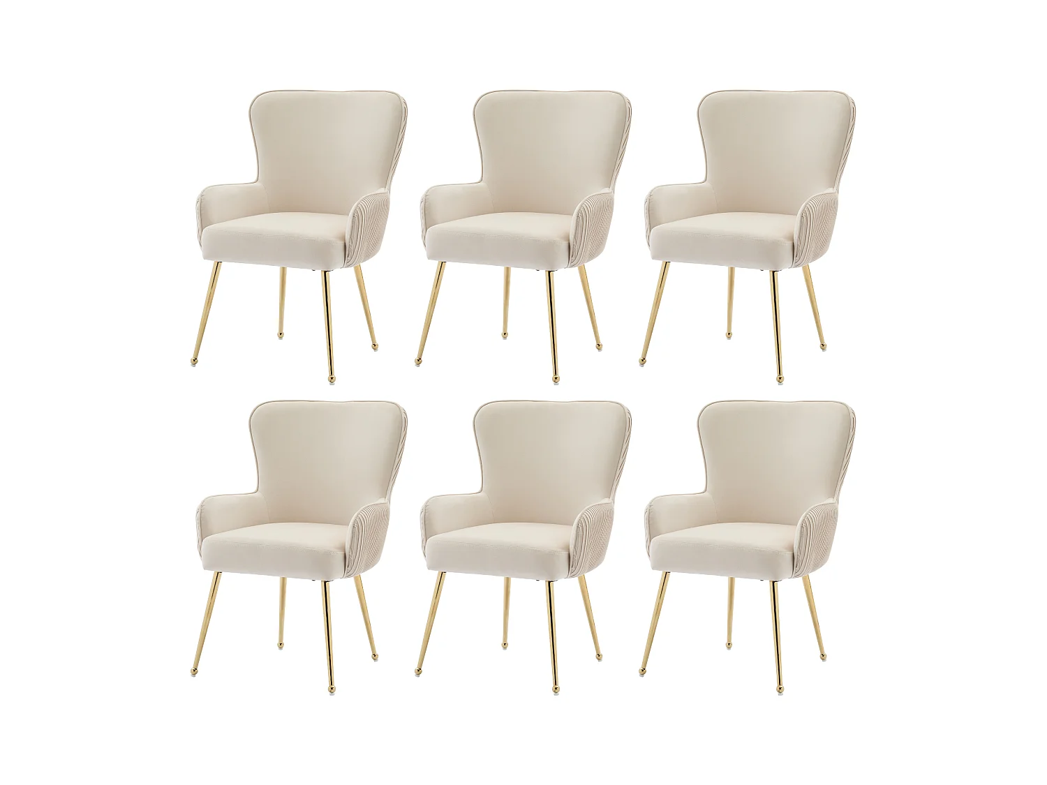 Lot de 6 Chaises en velours - 83 x 53 x 57 cm - quatre pieds en métal doré -avec accoudoirs et pieds réglables - beige