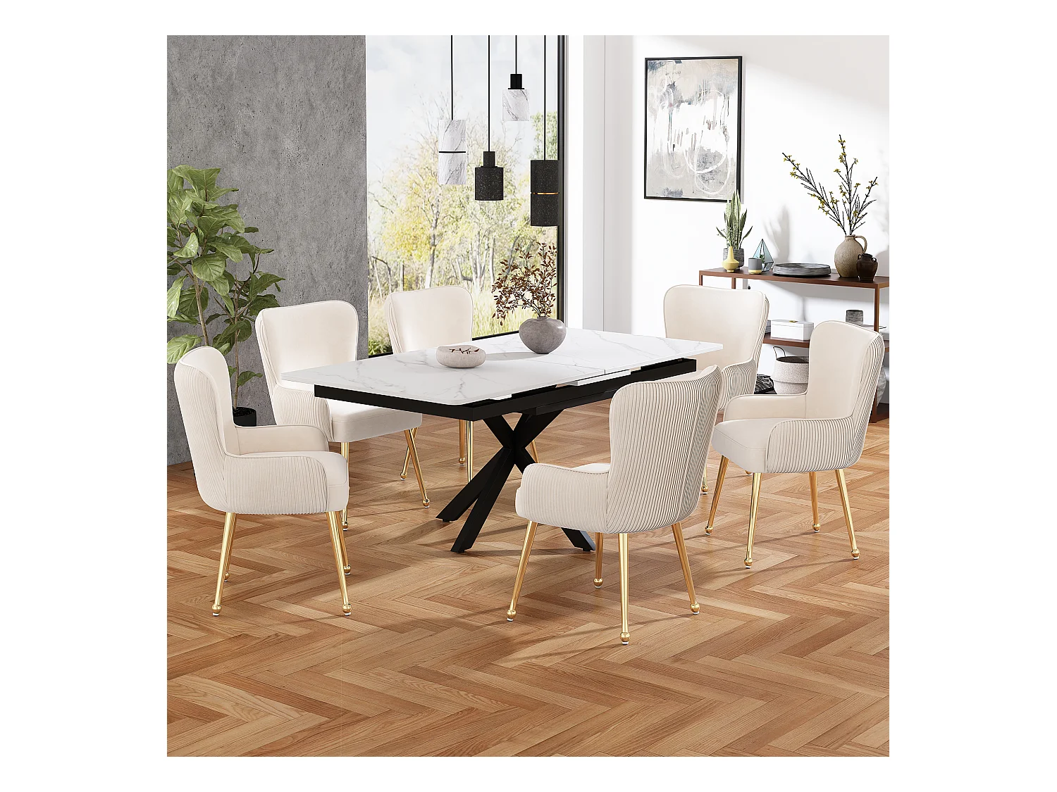 Set van 6 fluwelen stoelen - 83 x 53 x 57 cm - Vier gouden metalen poten - Met armleuningen en verstelbare poten - Beige