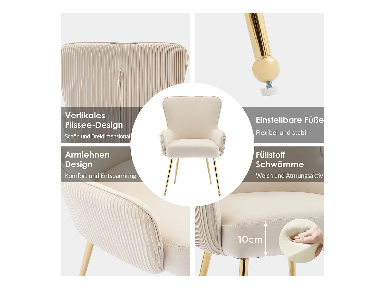 Lot de 6 Chaises en velours - 83 x 53 x 57 cm - quatre pieds en métal doré -avec accoudoirs et pieds réglables - beige