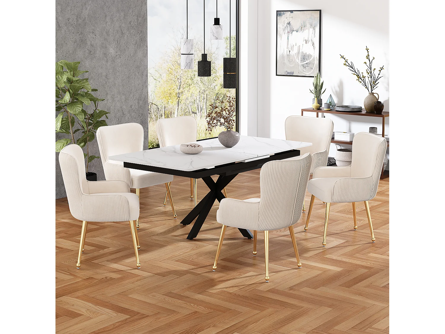 6er-Set Samtstühle – 83 x 53 x 57 cm – Vier goldene Metallbeine – Mit Armlehnen und verstellbaren Füßen – Beige