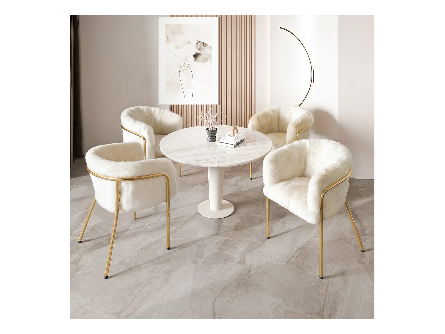 Lot de 4 Chaises faux fur luxe de loisirs - 77 x 57 x 57 cm - fauteuil de toilette - quatre pieds en métalet - beige