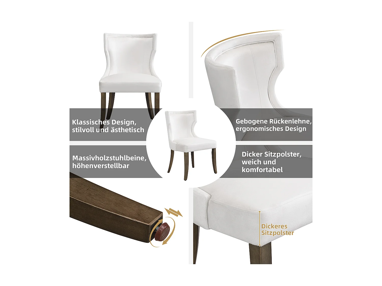 Lot de 4 Chaises en velours - 84 x 62 x 54 cm - pieds réglables en bois massif - avec coussin épais - beige