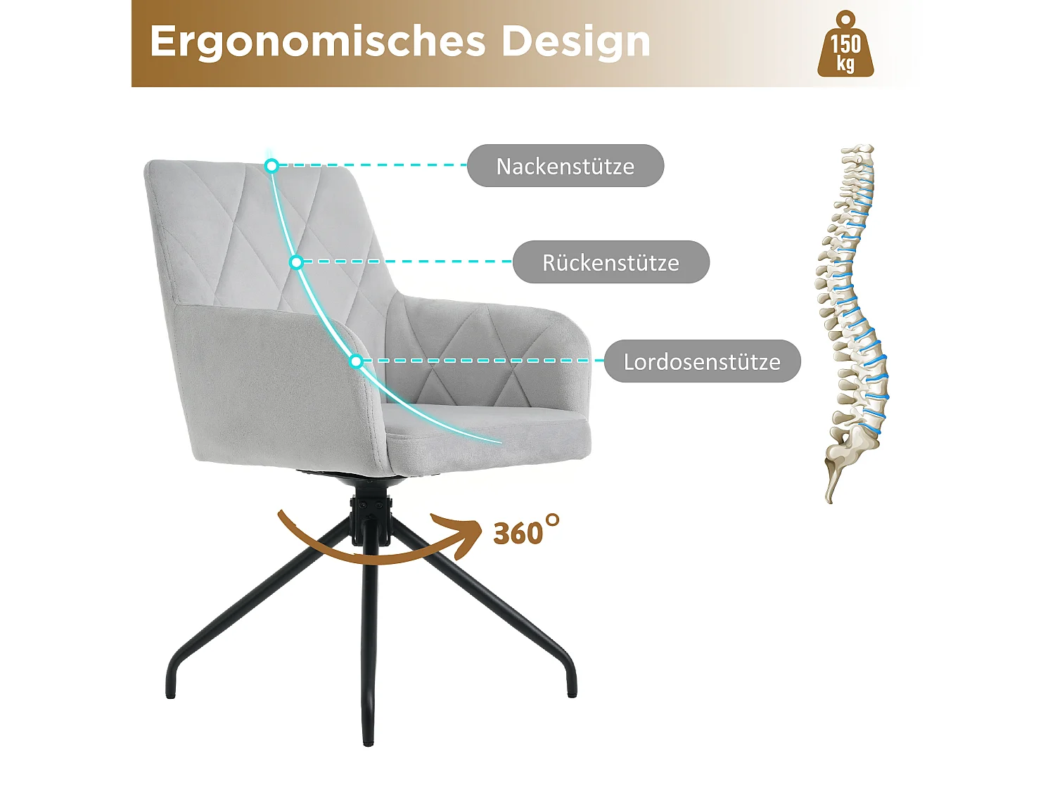 Lot de 4 chaises pivotantes à 360°en velours - 85 x 60 x 46 cm - fauteuil rembourré avec 4 pieds en métal - gris