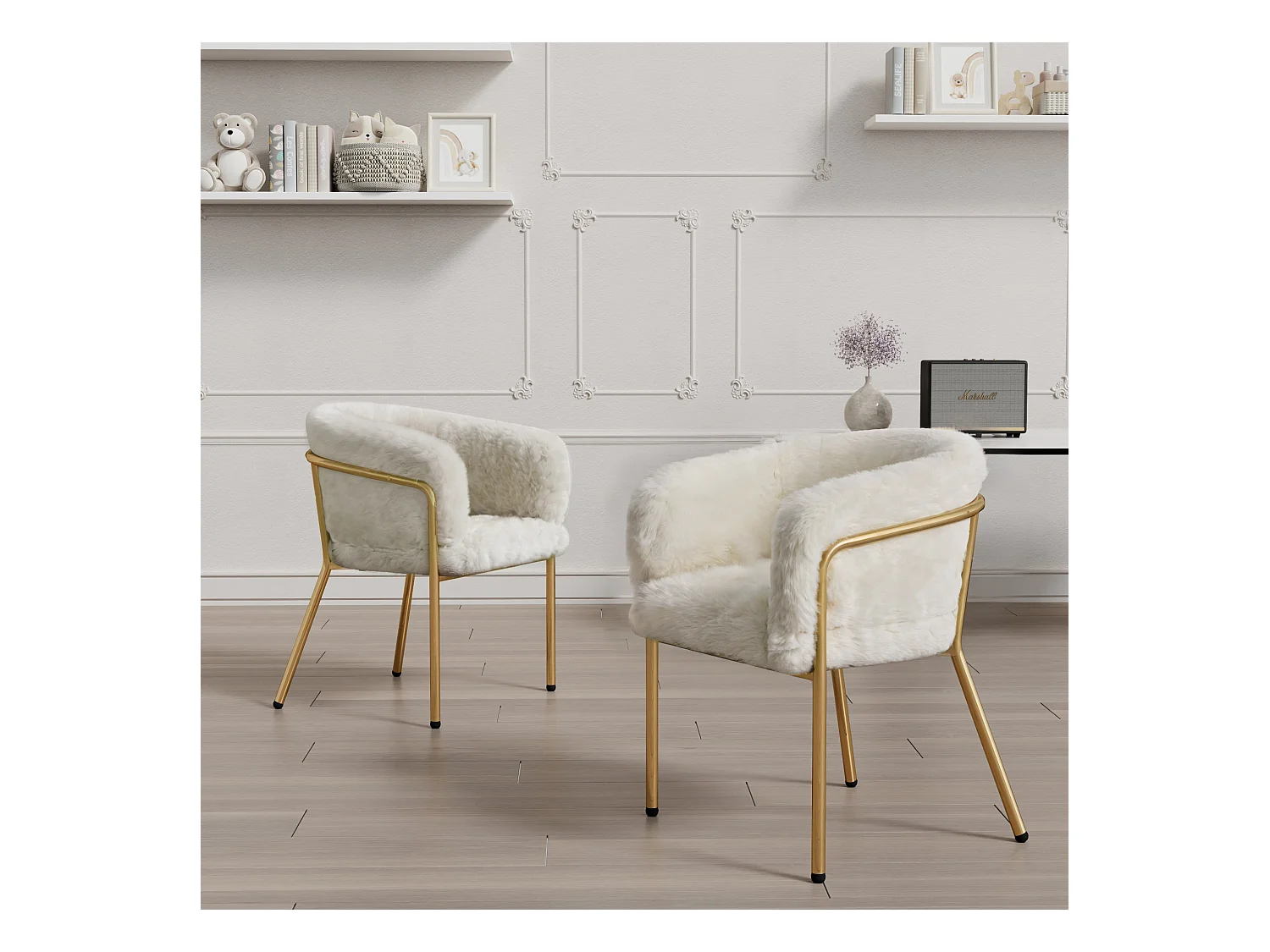 Set di 2 sedie da toeletta di lusso in pelliccia sintetica - 77 x 57 x 57 cm - Sedia da toeletta - Quattro gambe in metallo - Beige