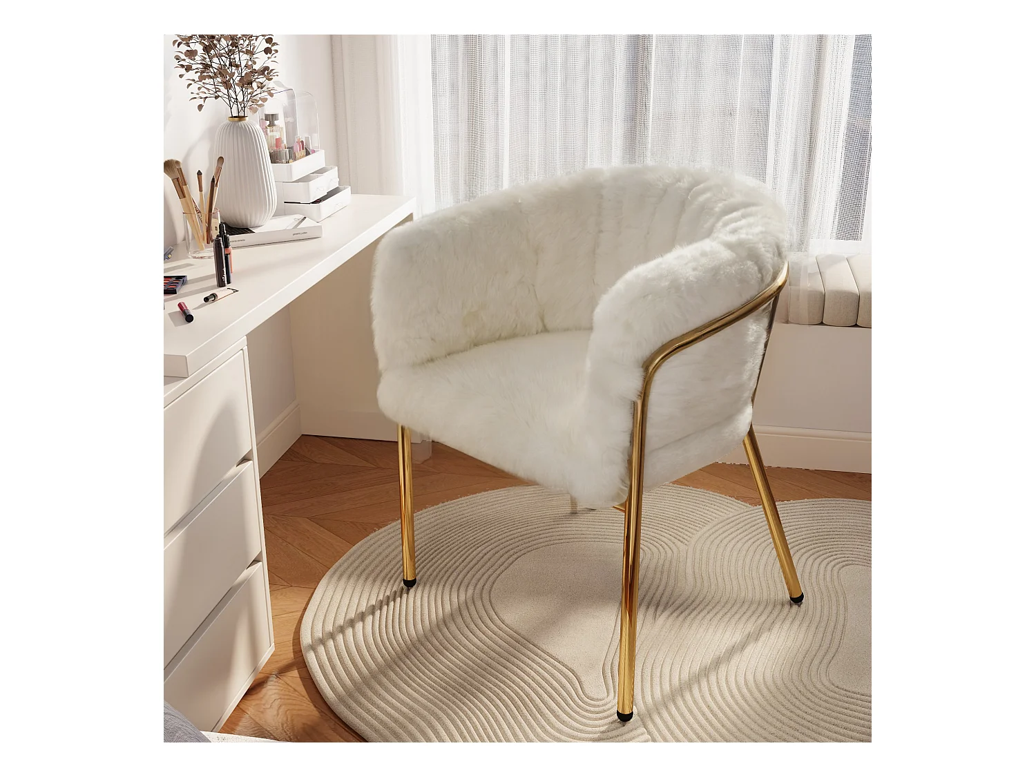 2er-Set Luxus-Freizeitstühle aus Kunstfell – 77 x 57 x 57 cm – Schminkstuhl – Vier Metallbeine – Beige