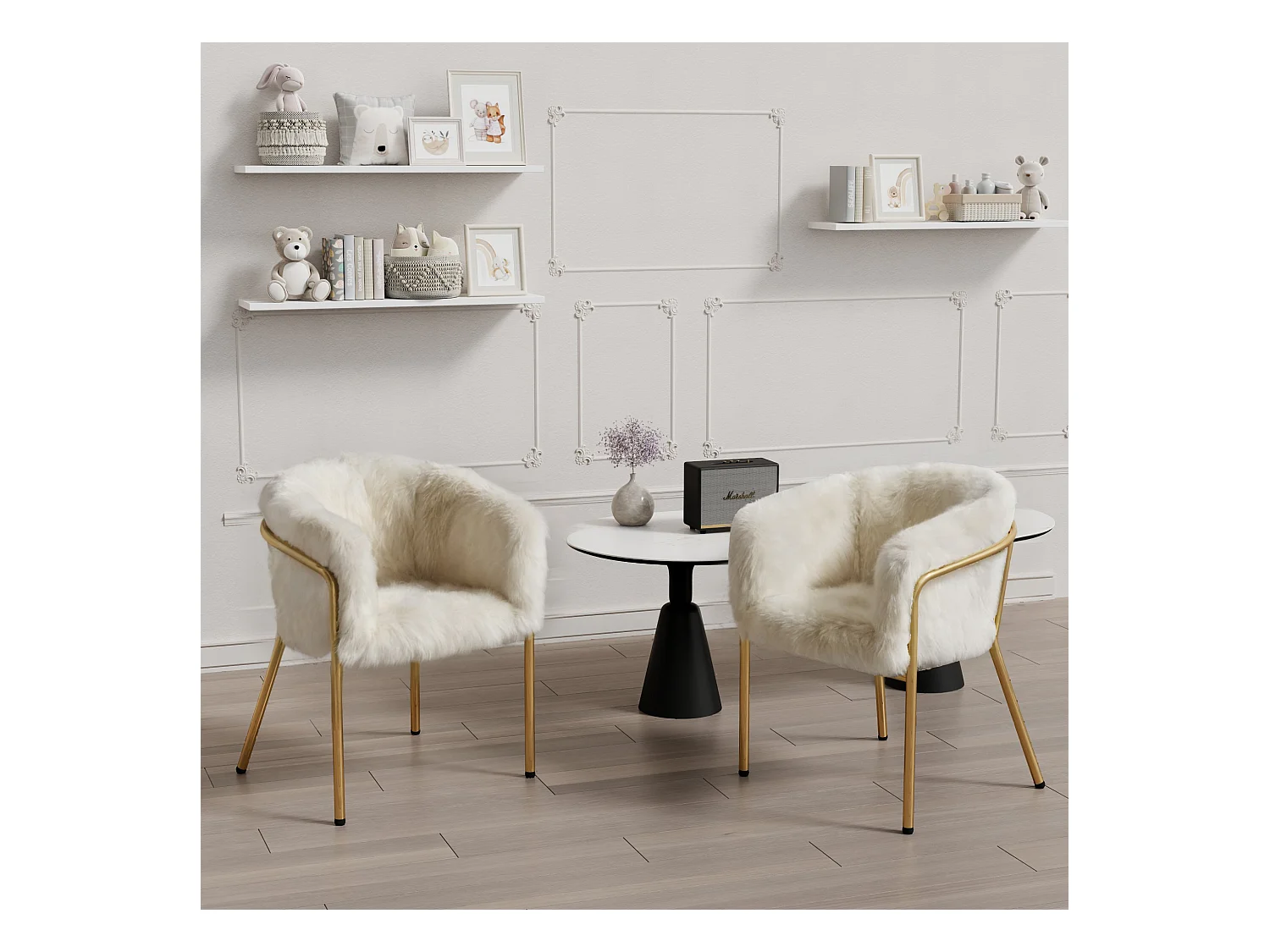 2er-Set Luxus-Freizeitstühle aus Kunstfell – 77 x 57 x 57 cm – Schminkstuhl – Vier Metallbeine – Beige