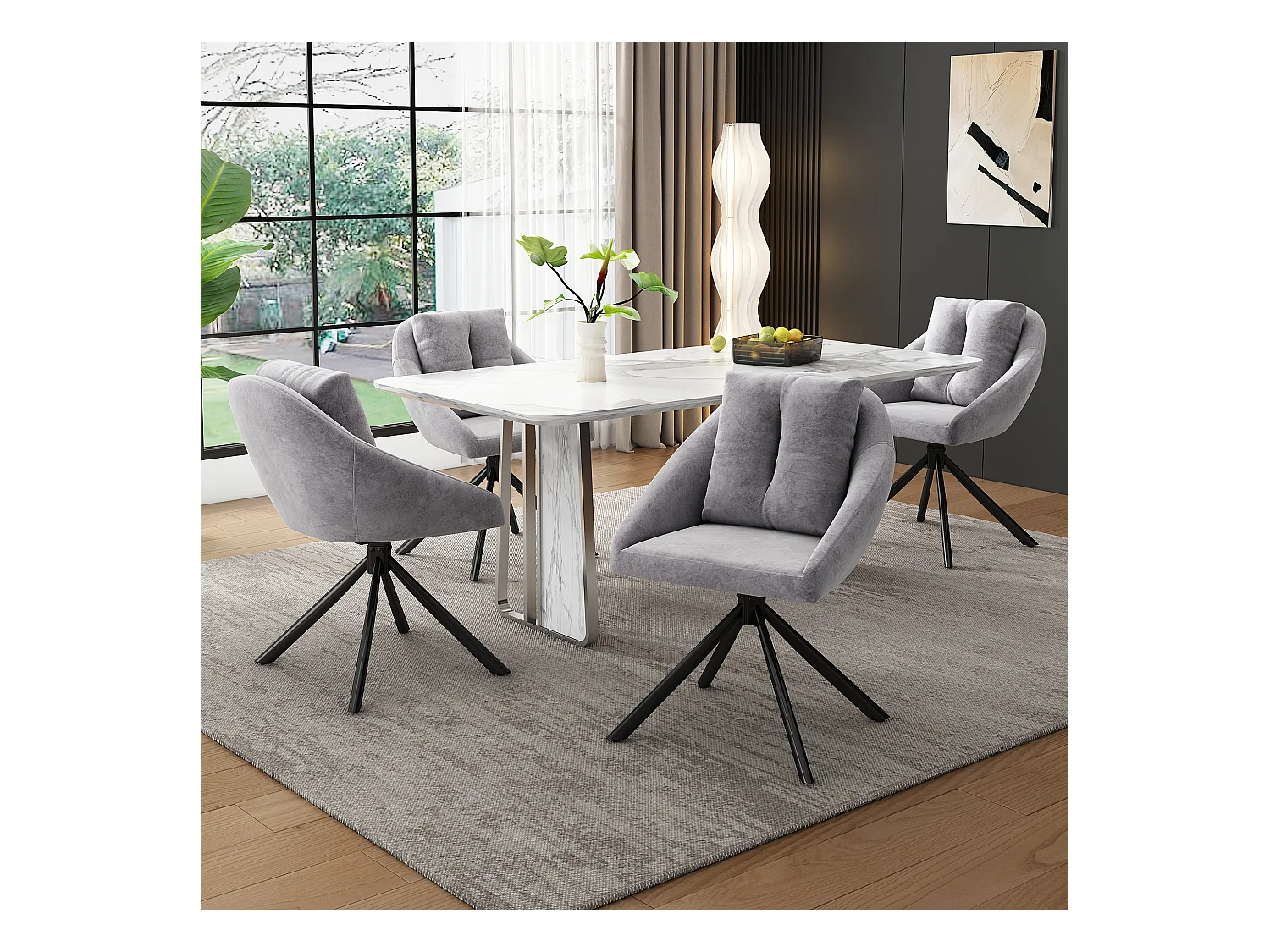 Lot de 4 Chaises salle à manger en velours - 79 x 51.5 x 51.5 cm - pivotante élégante et confortable - avec coussins - gris