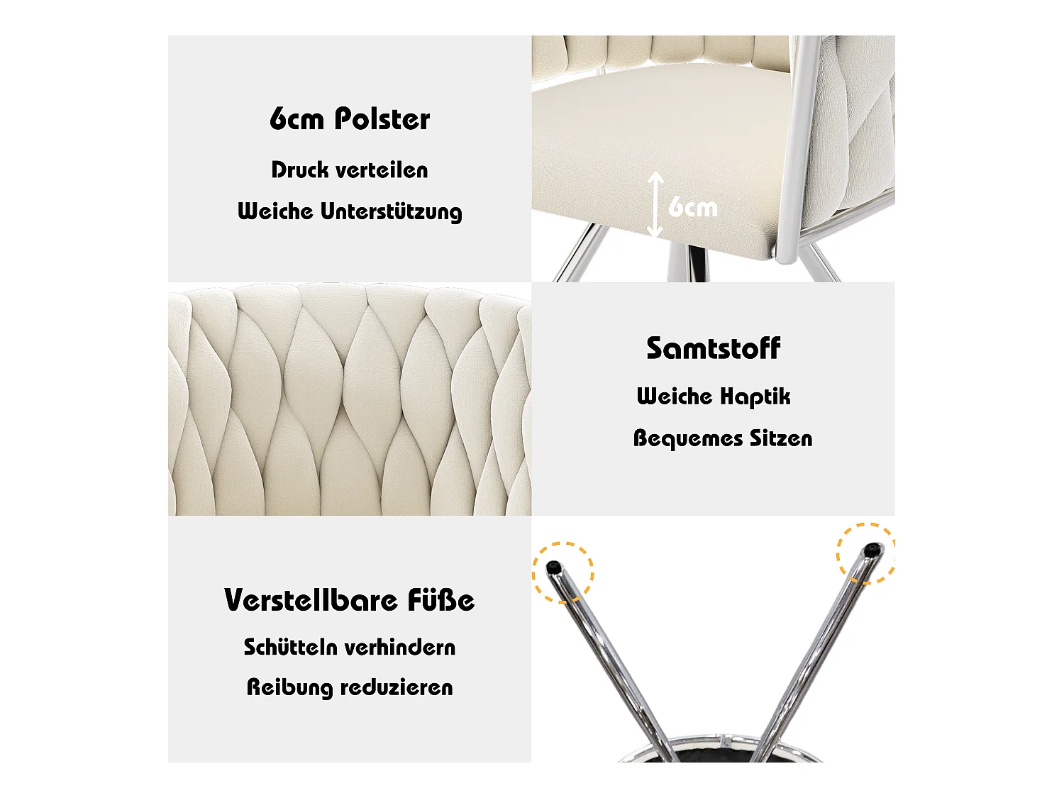 Set van 2 fluwelen draaistoelen - 72 x 44 x 59 cm - Woonkamer en slaapkamer - Vier zilveren metalen poten - Beige