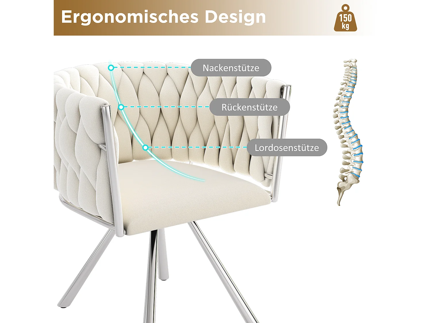 Lot de 2 Chaises pivotantes en velours - 72 x 44 x 59 cm - salon et chambre à coucher - quatre pieds en métal argenté - beige