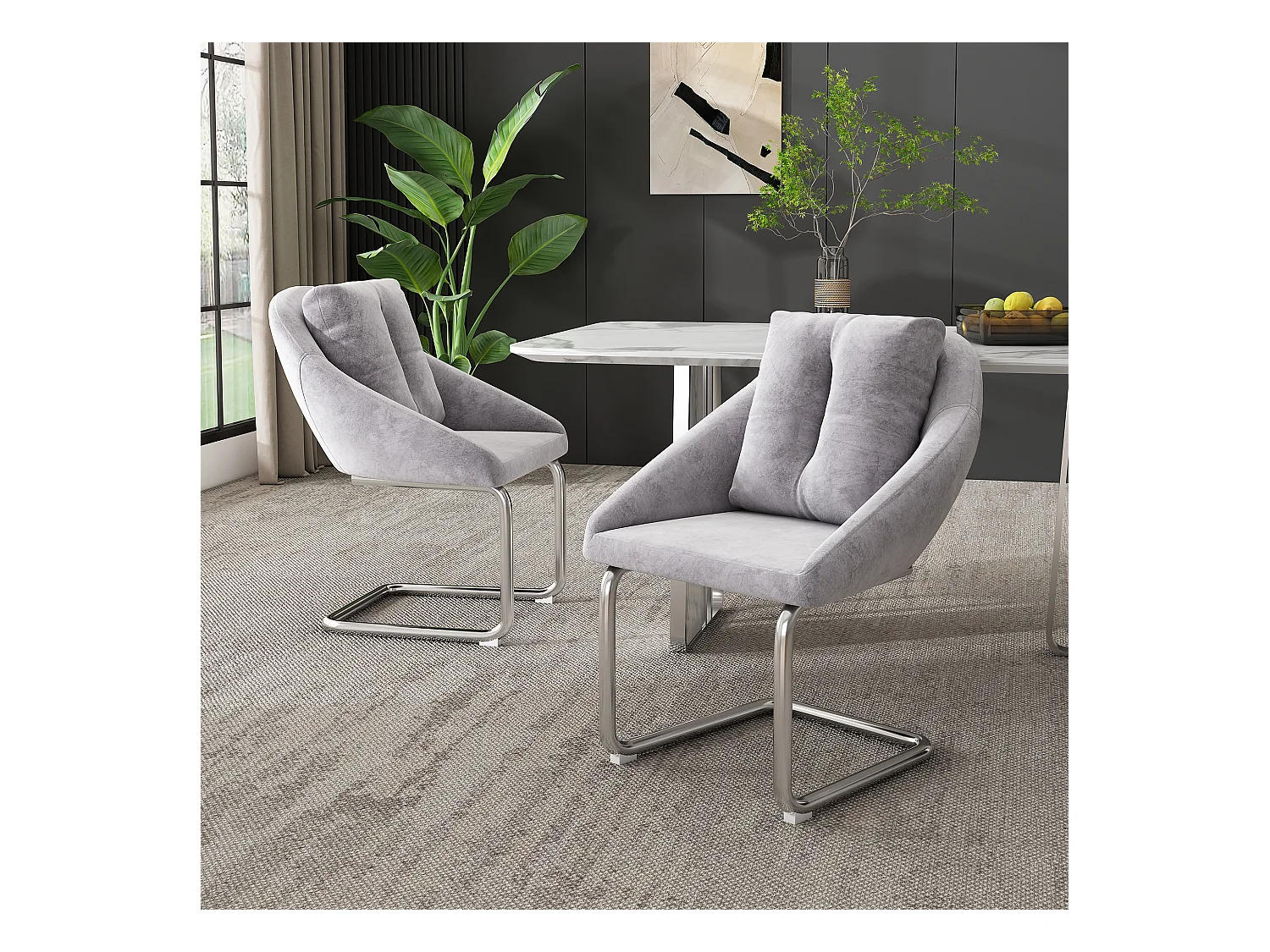 Conjunto de 2 cadeiras de veludo - 82 x 57 x 54 cm - com almofadas - Cadeira giratória de luxo para sala de estar e quarto - Pernas arqueadas - Cinza